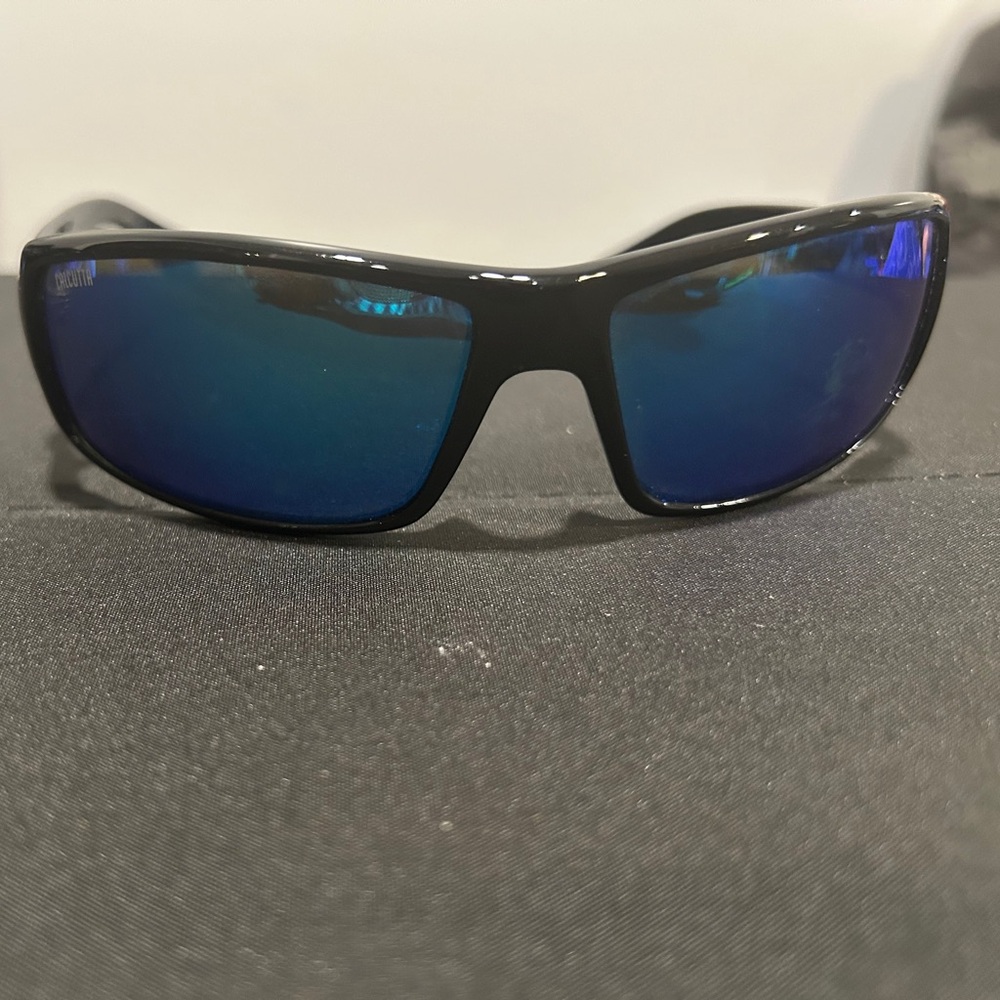Black and Blue Sport Sunglasses with Wraparound Frames